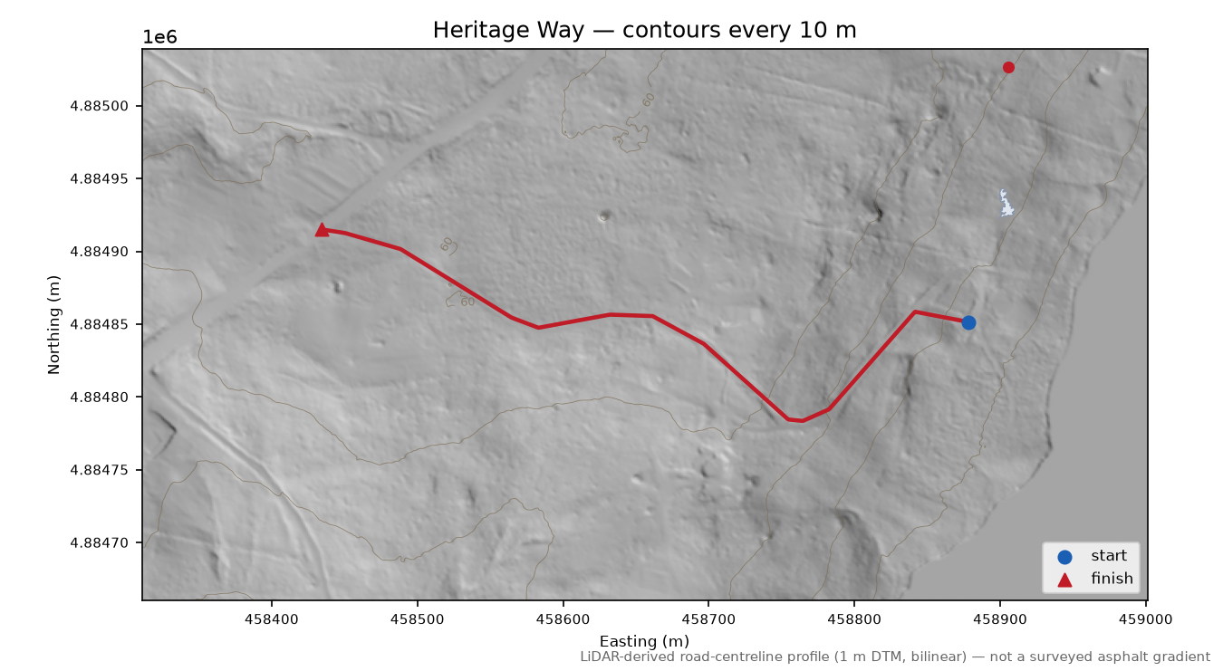 Heritage Way LiDAR hillshade map with contours