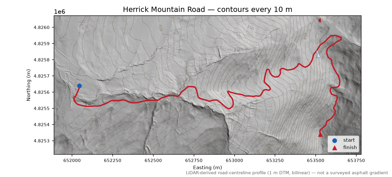 Herrick Mountain Road LiDAR hillshade map with contours