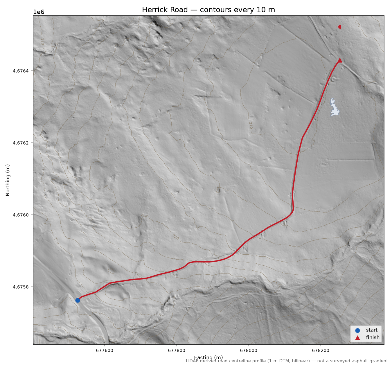 Herrick Road LiDAR hillshade map with contours