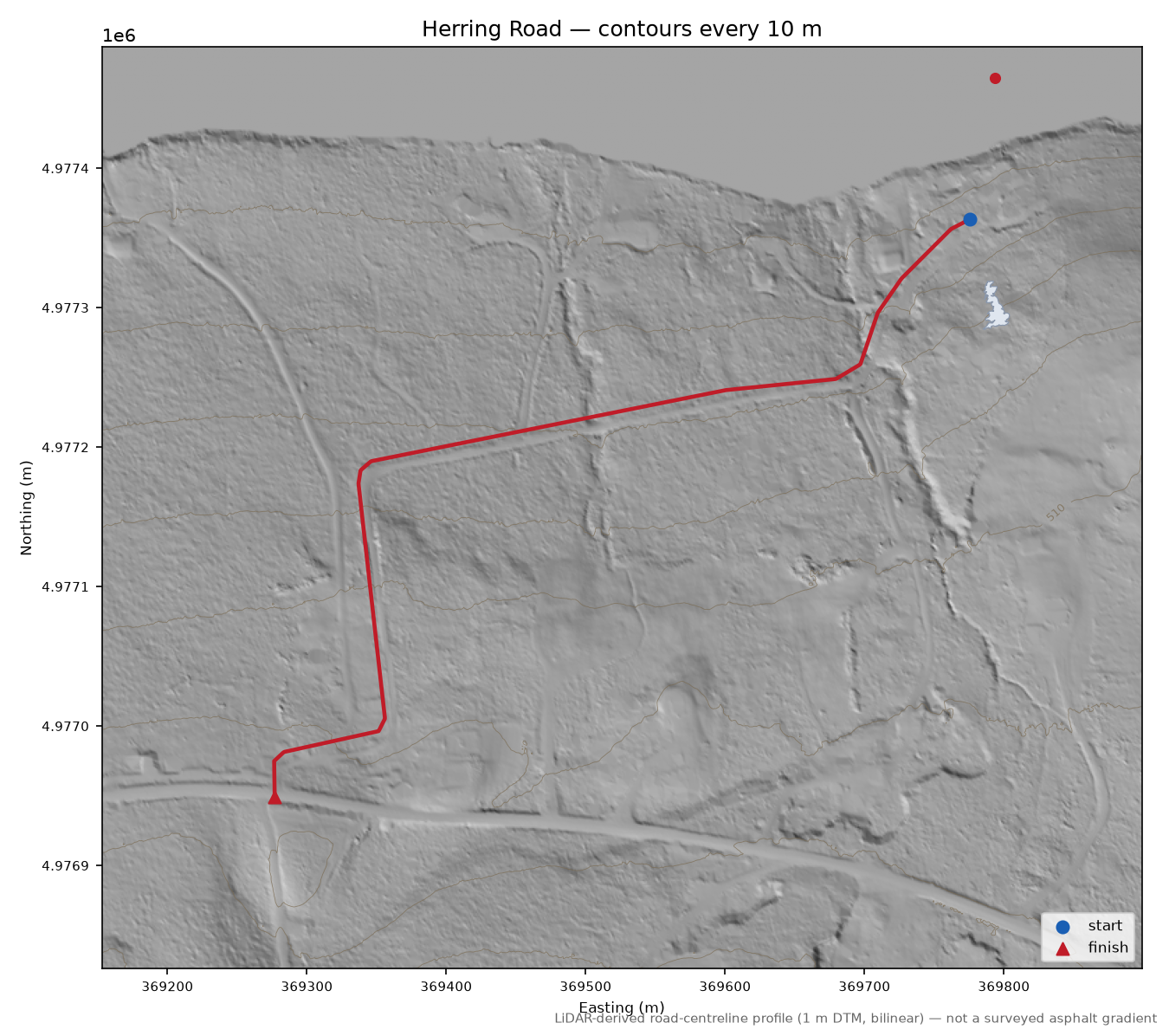 Herring Road LiDAR hillshade map with contours