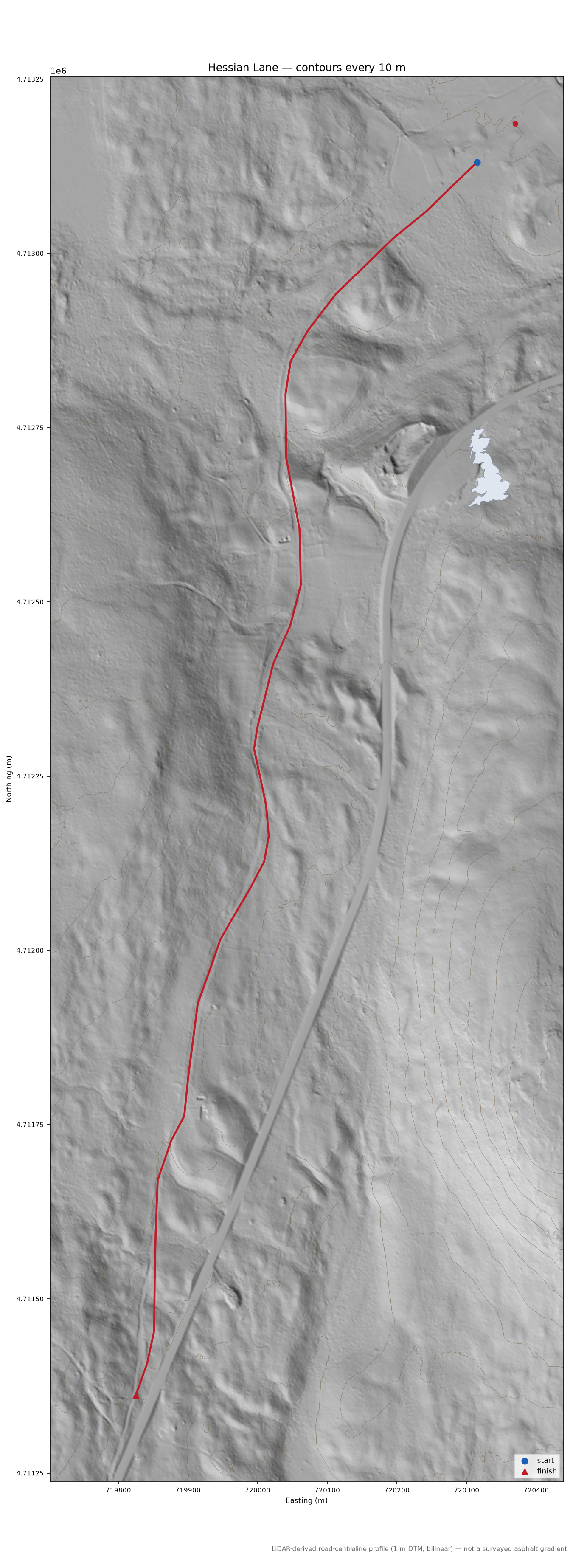 Hessian Lane LiDAR hillshade map with contours