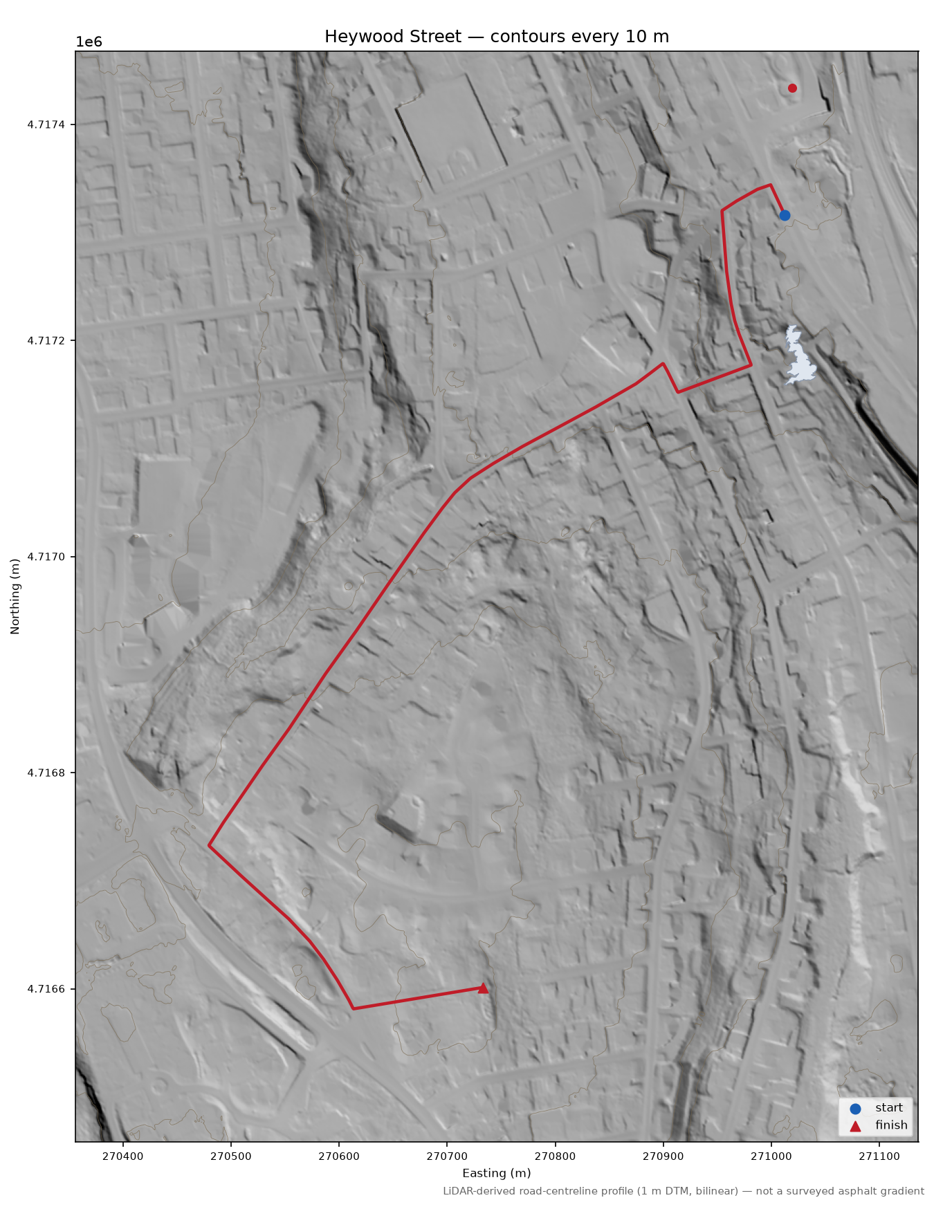 Heywood Street LiDAR hillshade map with contours