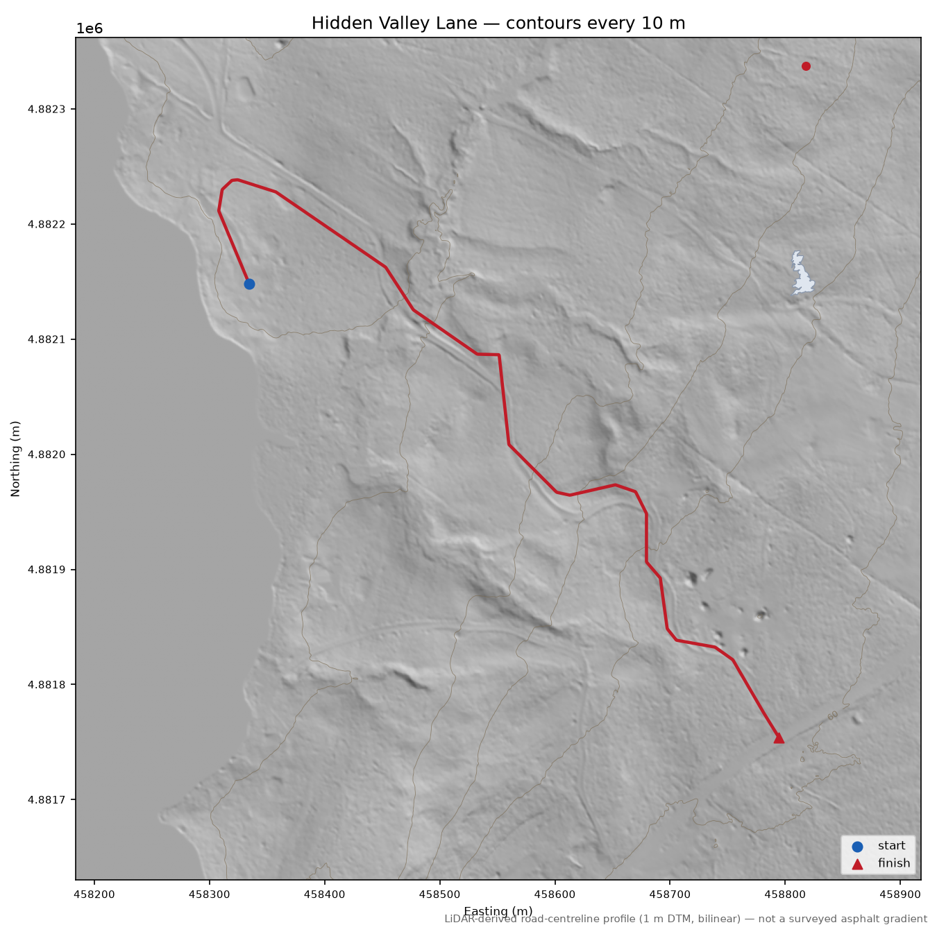 Hidden Valley Lane LiDAR hillshade map with contours