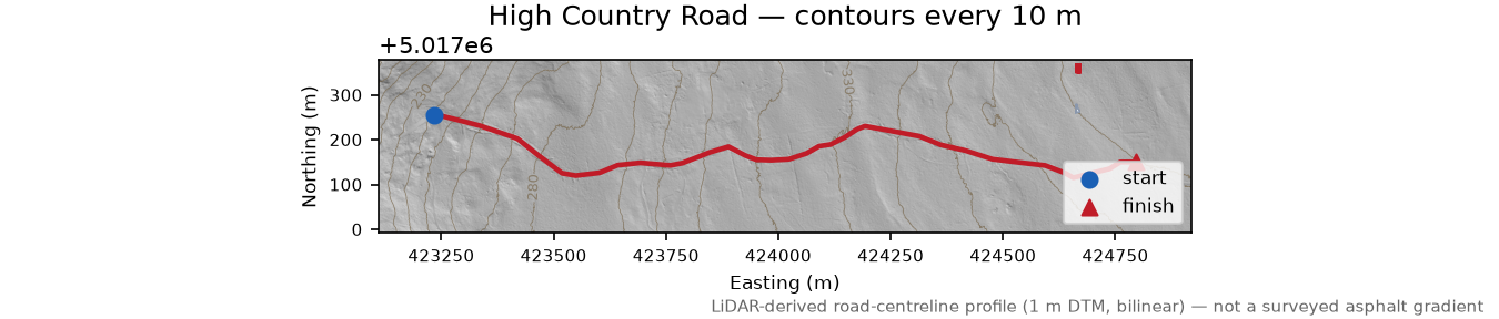 High Country Road LiDAR hillshade map with contours