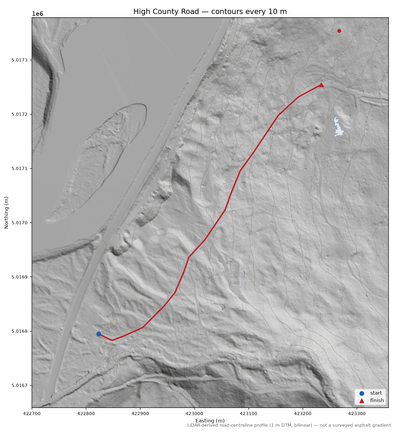 High County Road LiDAR hillshade map with contours