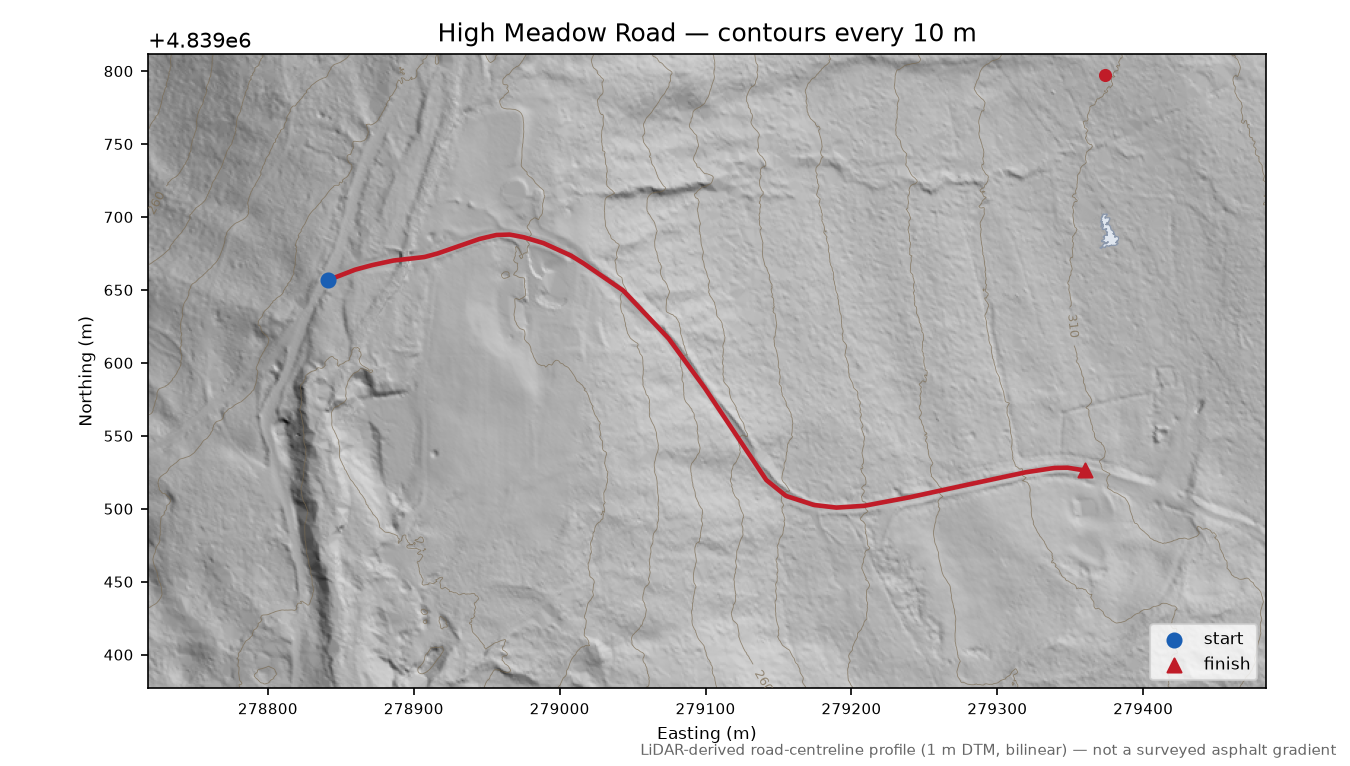 High Meadow Road LiDAR hillshade map with contours