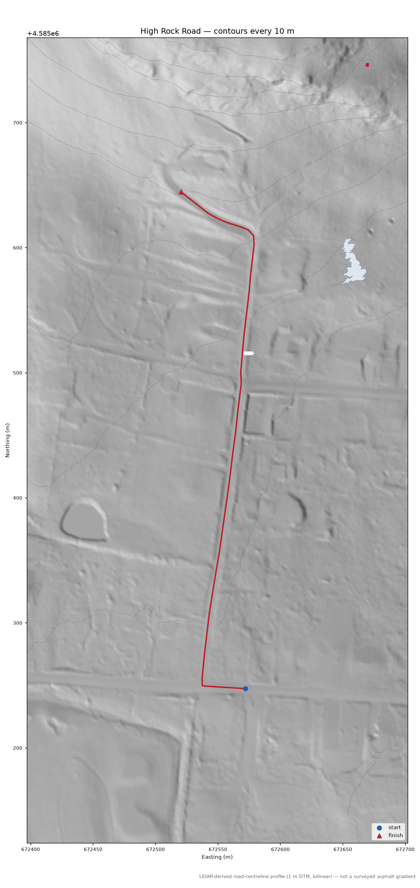 High Rock Road LiDAR hillshade map with contours