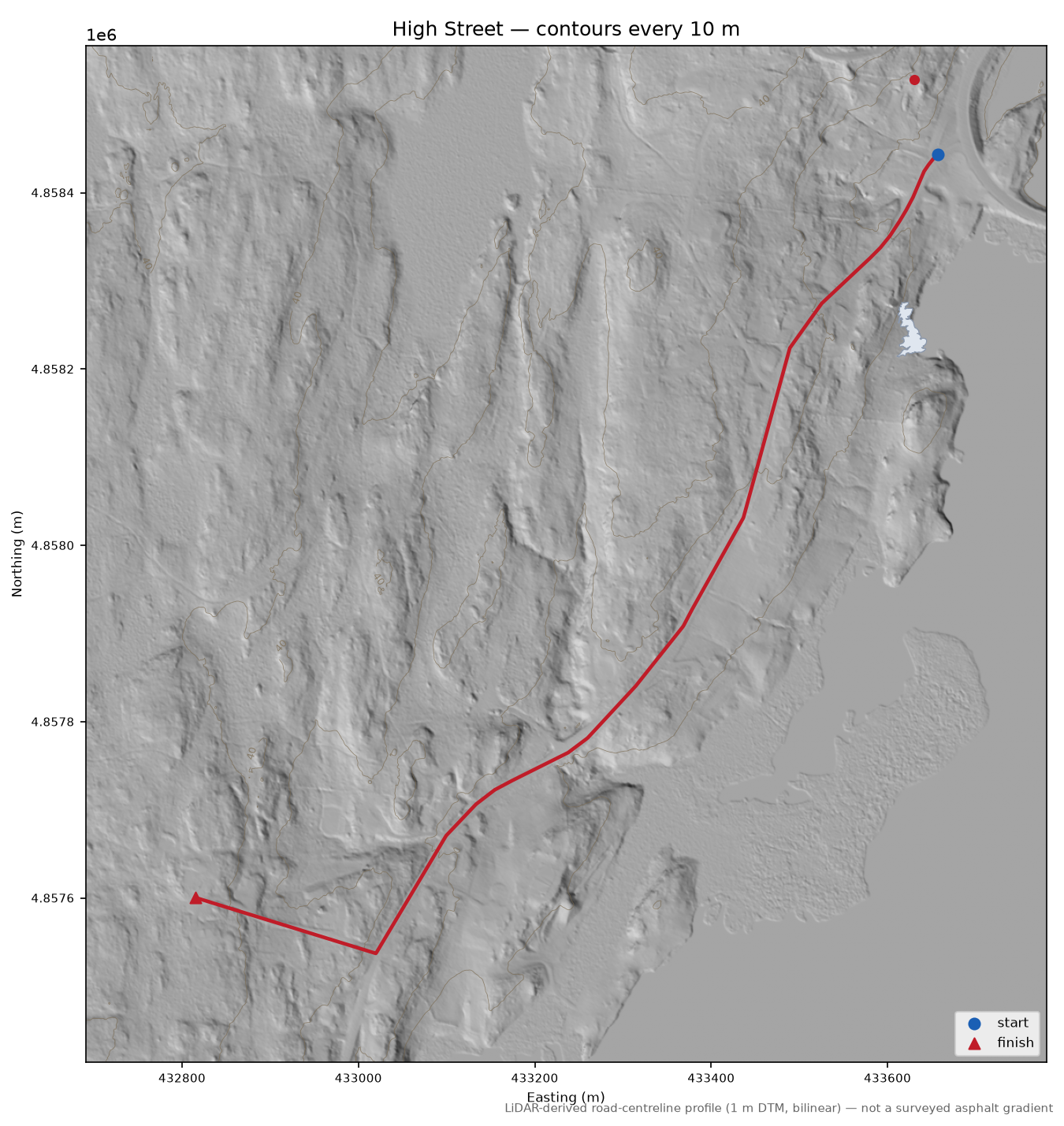 High Street LiDAR hillshade map with contours