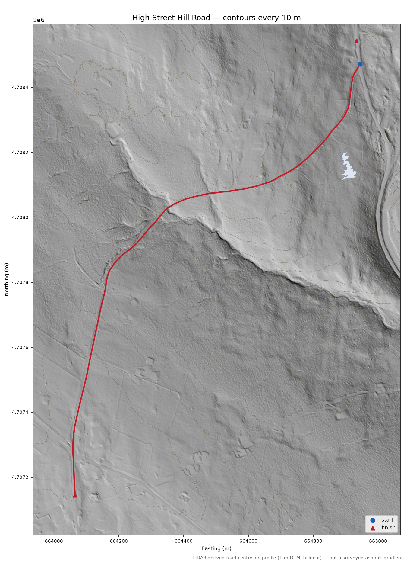 High Street Hill Road LiDAR hillshade map with contours