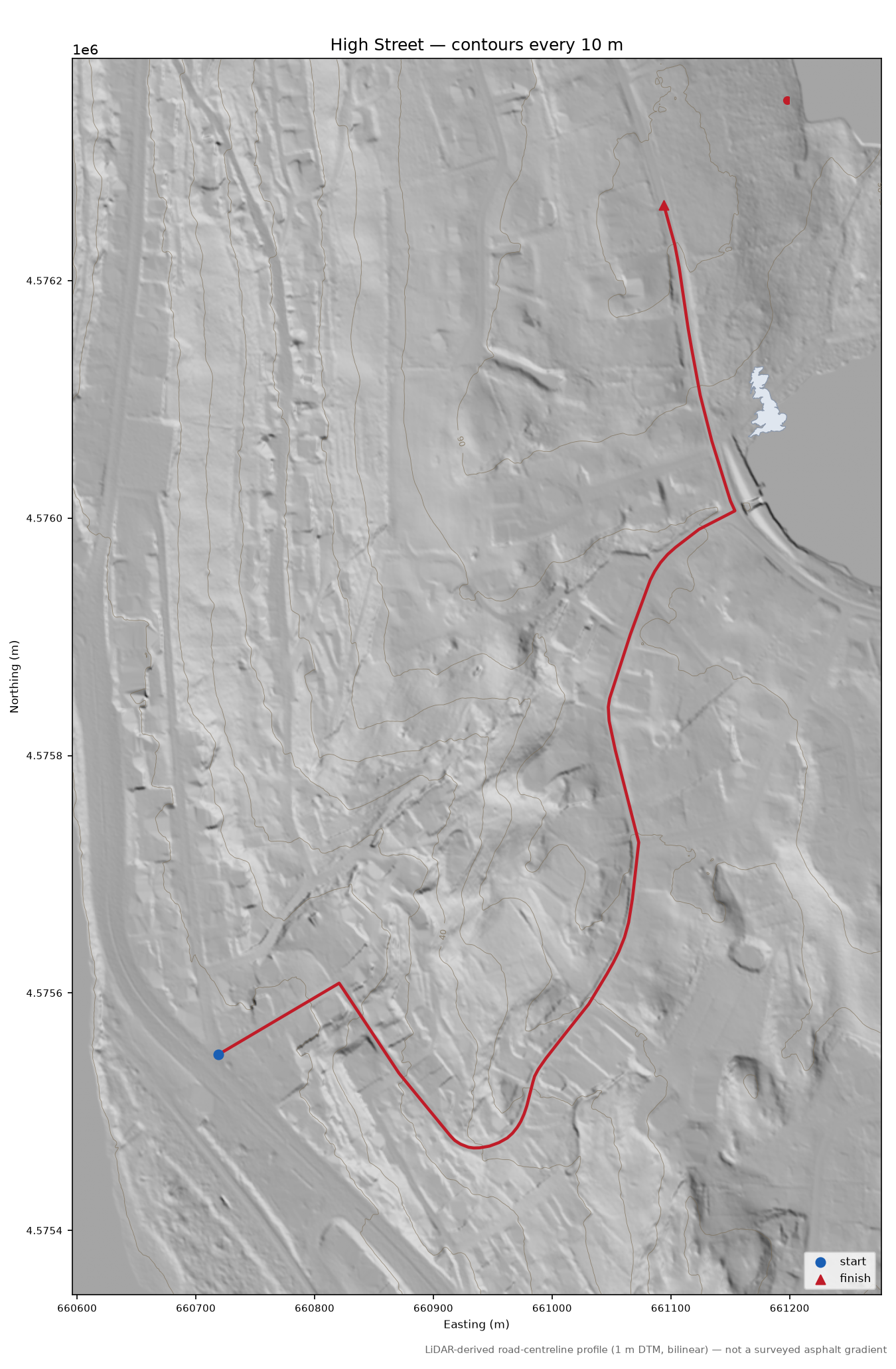 High Street LiDAR hillshade map with contours