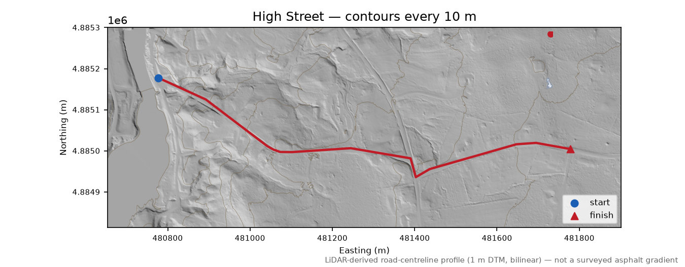 High Street LiDAR hillshade map with contours