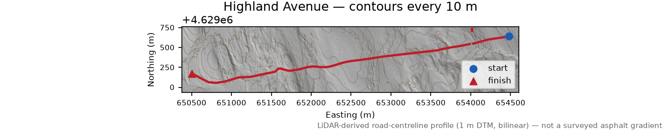 Highland Avenue LiDAR hillshade map with contours