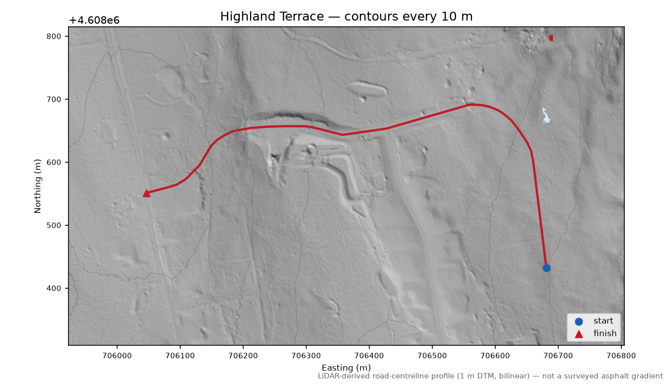 Highland Terrace LiDAR hillshade map with contours