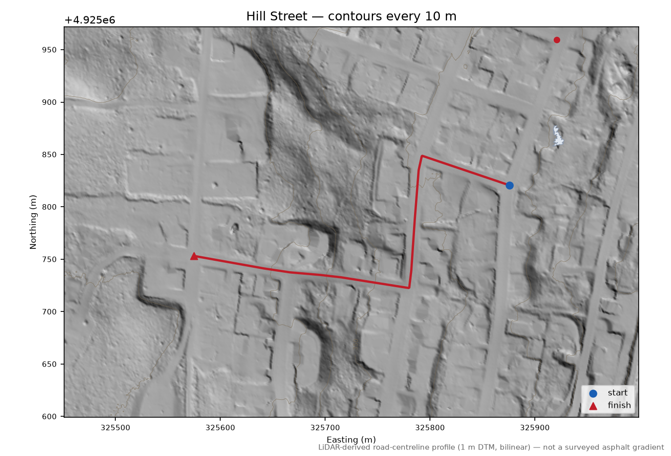 Hill Street LiDAR hillshade map with contours