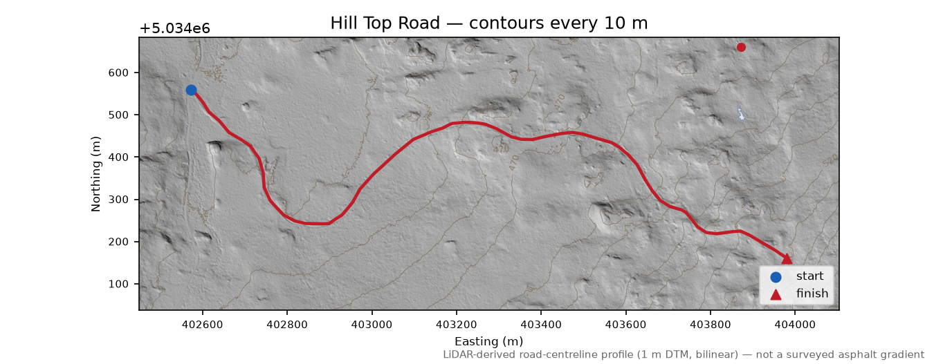 Hill Top Road LiDAR hillshade map with contours