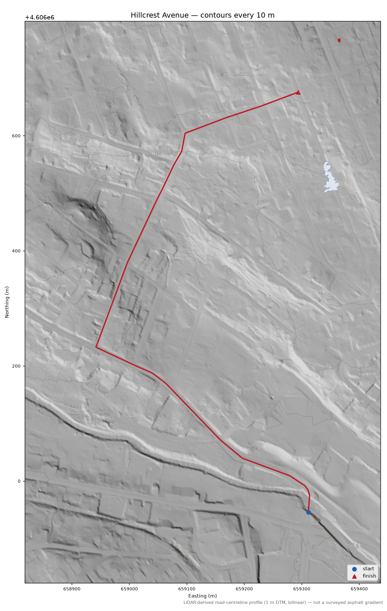 Hillcrest Avenue LiDAR hillshade map with contours