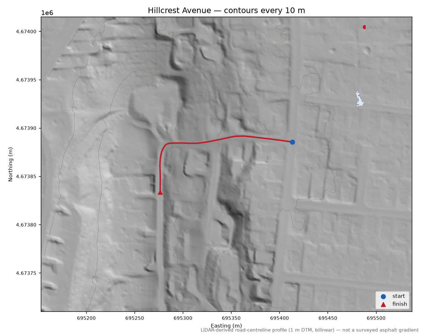 Hillcrest Avenue LiDAR hillshade map with contours
