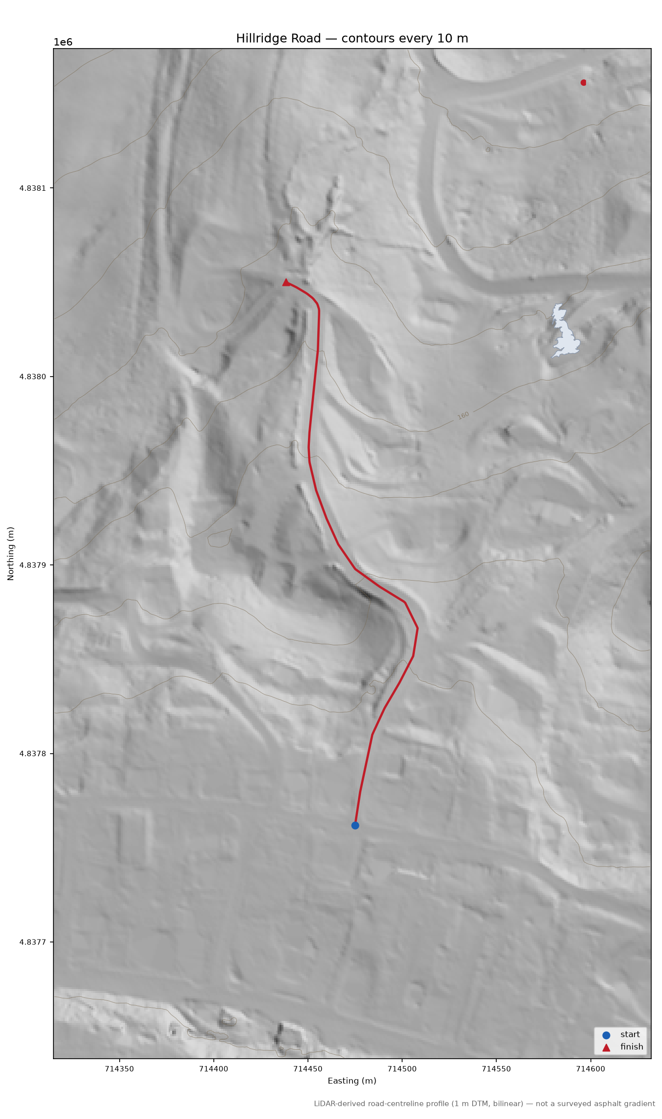 Hillridge Road LiDAR hillshade map with contours