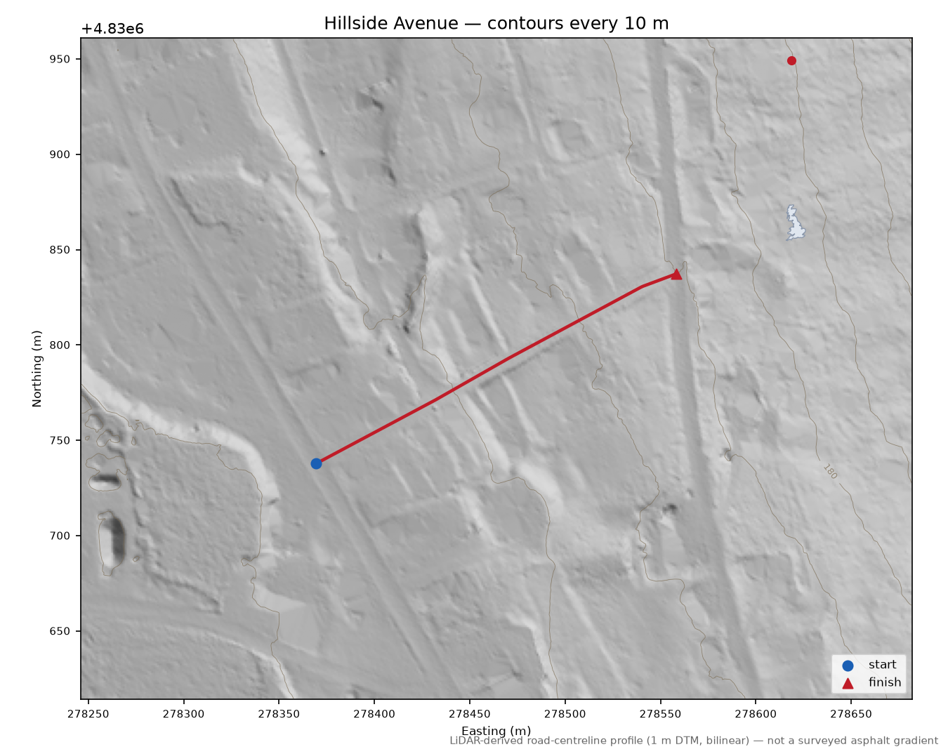 Hillside Avenue LiDAR hillshade map with contours