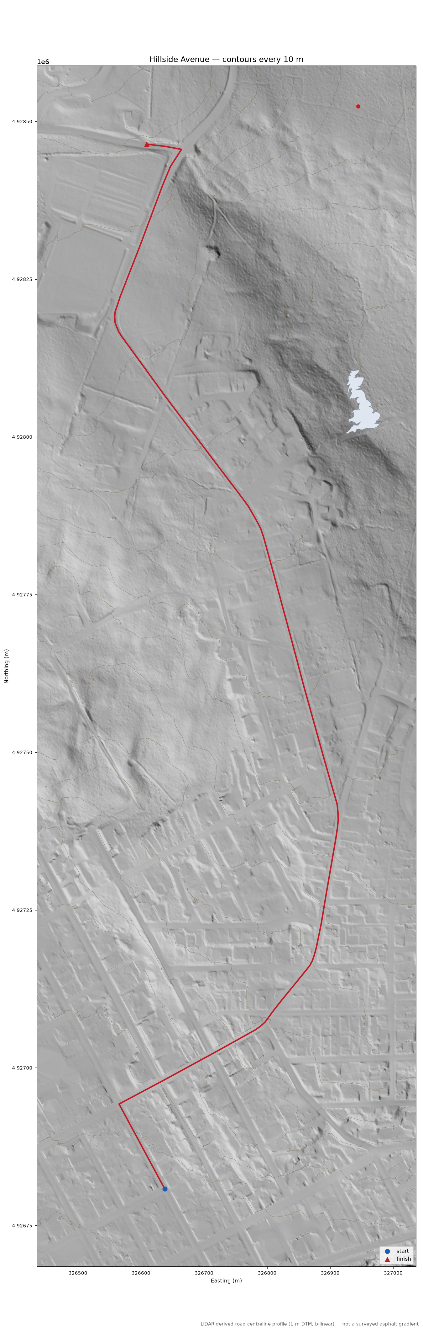 Hillside Avenue LiDAR hillshade map with contours