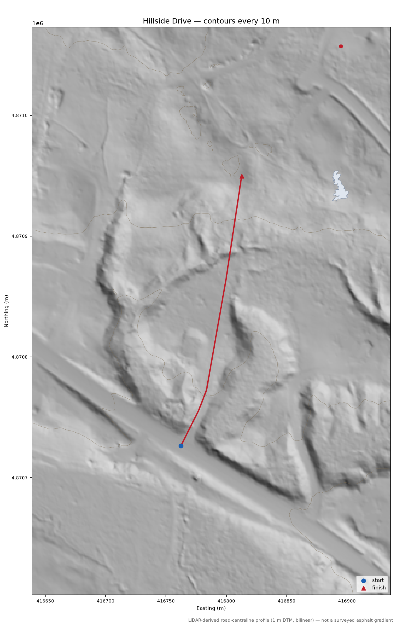 Hillside Drive LiDAR hillshade map with contours