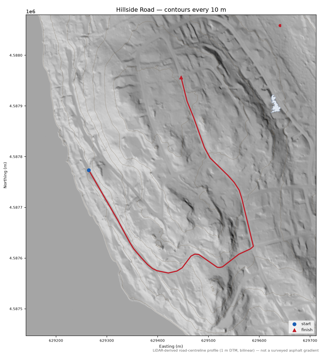 Hillside Road LiDAR hillshade map with contours