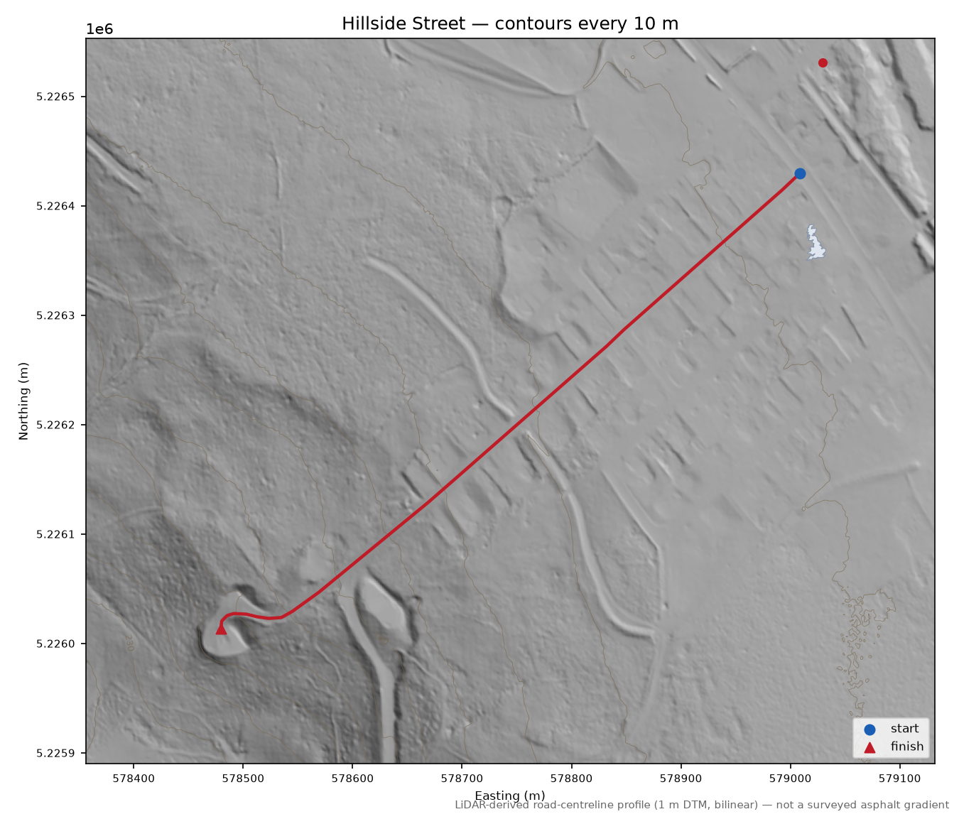 Hillside Street LiDAR hillshade map with contours