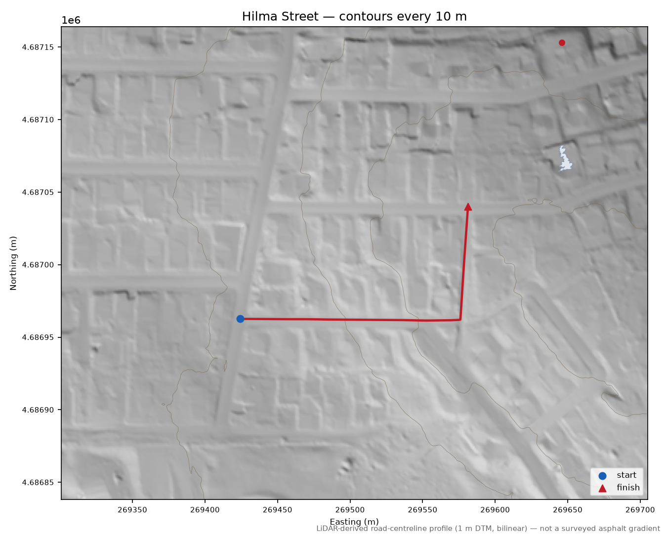 Hilma Street LiDAR hillshade map with contours