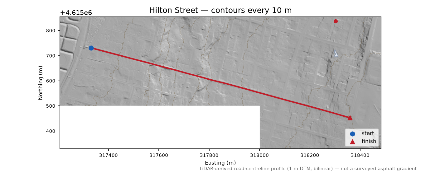 Hilton Street LiDAR hillshade map with contours
