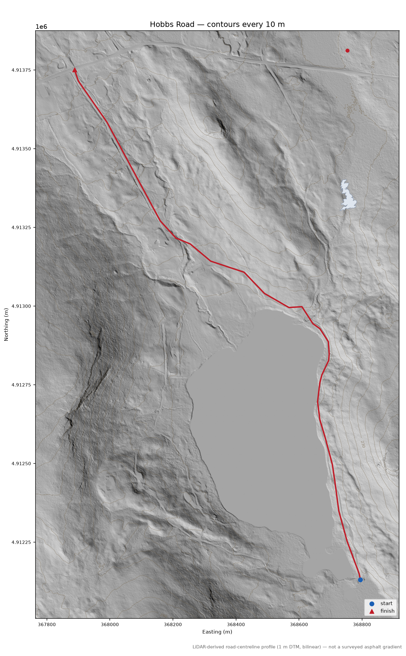 Hobbs Road LiDAR hillshade map with contours