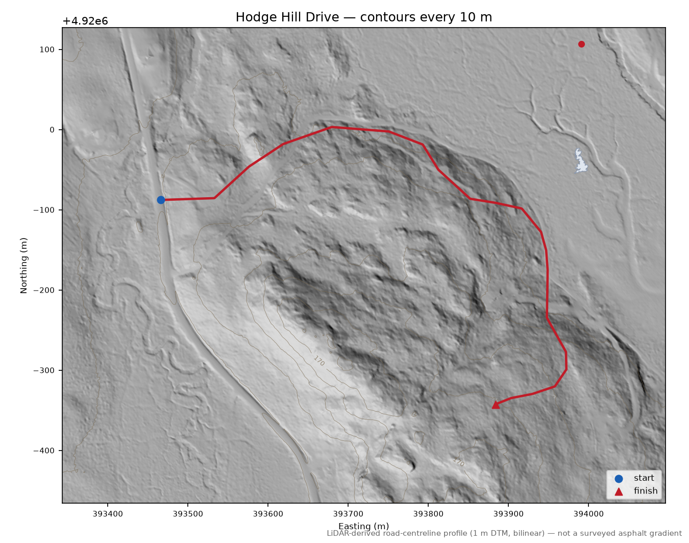Hodge Hill Drive LiDAR hillshade map with contours