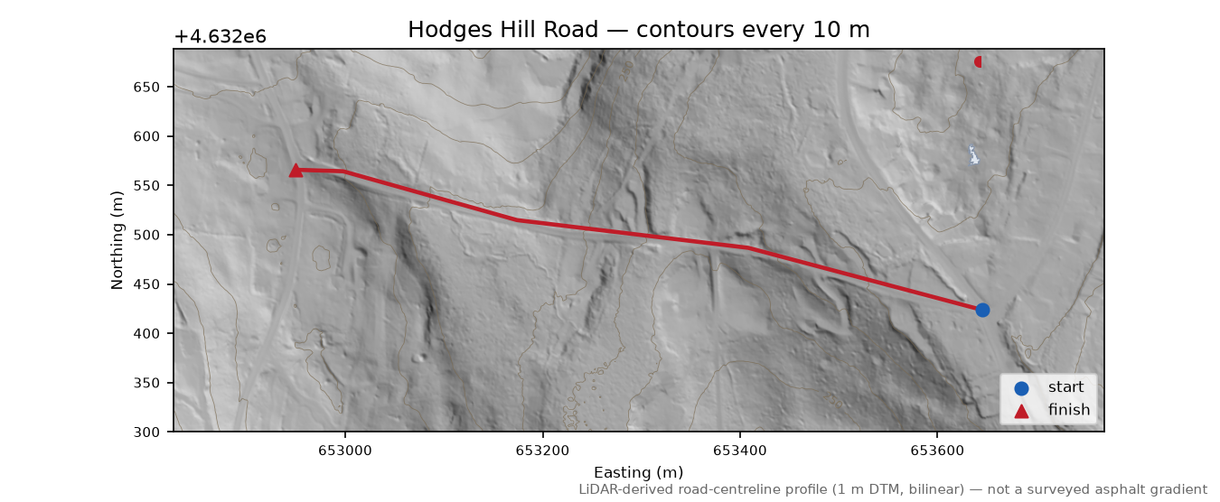 Hodges Hill Road LiDAR hillshade map with contours