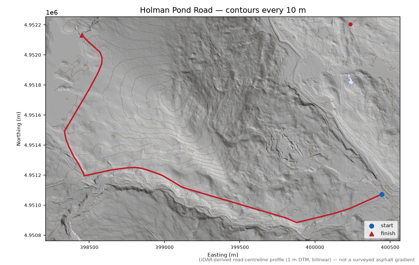 Holman Pond Road LiDAR hillshade map with contours