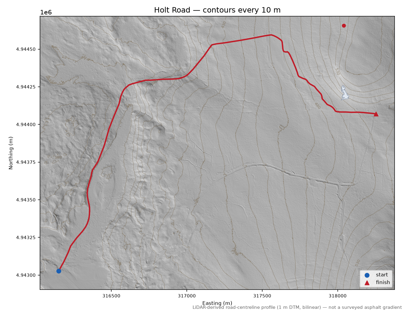 Holt Road LiDAR hillshade map with contours