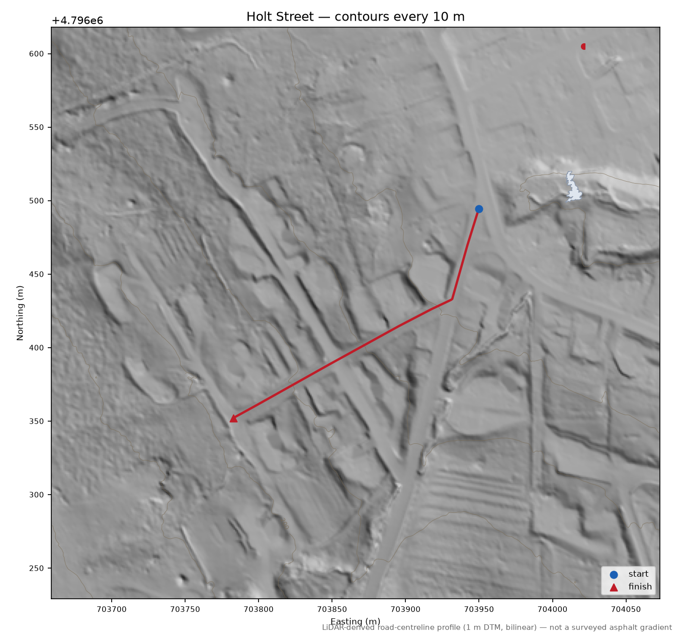 Holt Street LiDAR hillshade map with contours