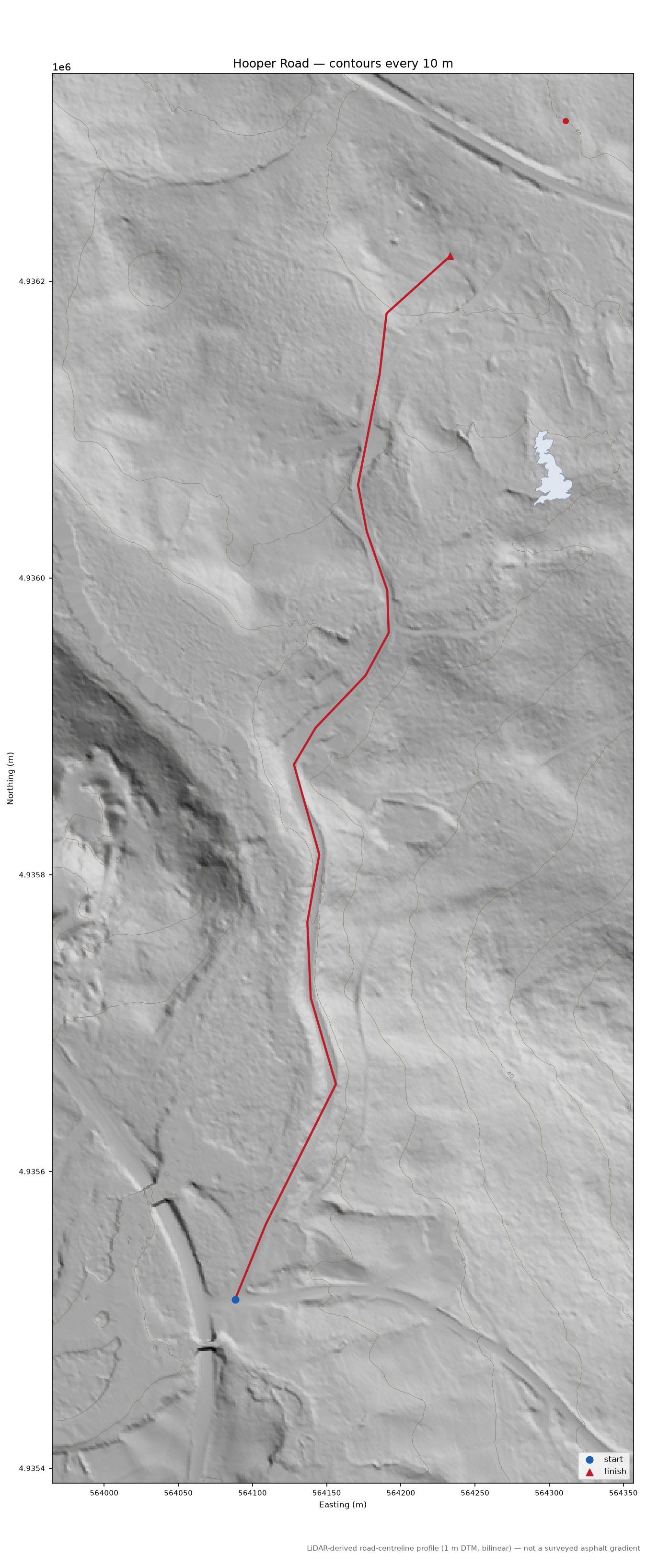 Hooper Road LiDAR hillshade map with contours