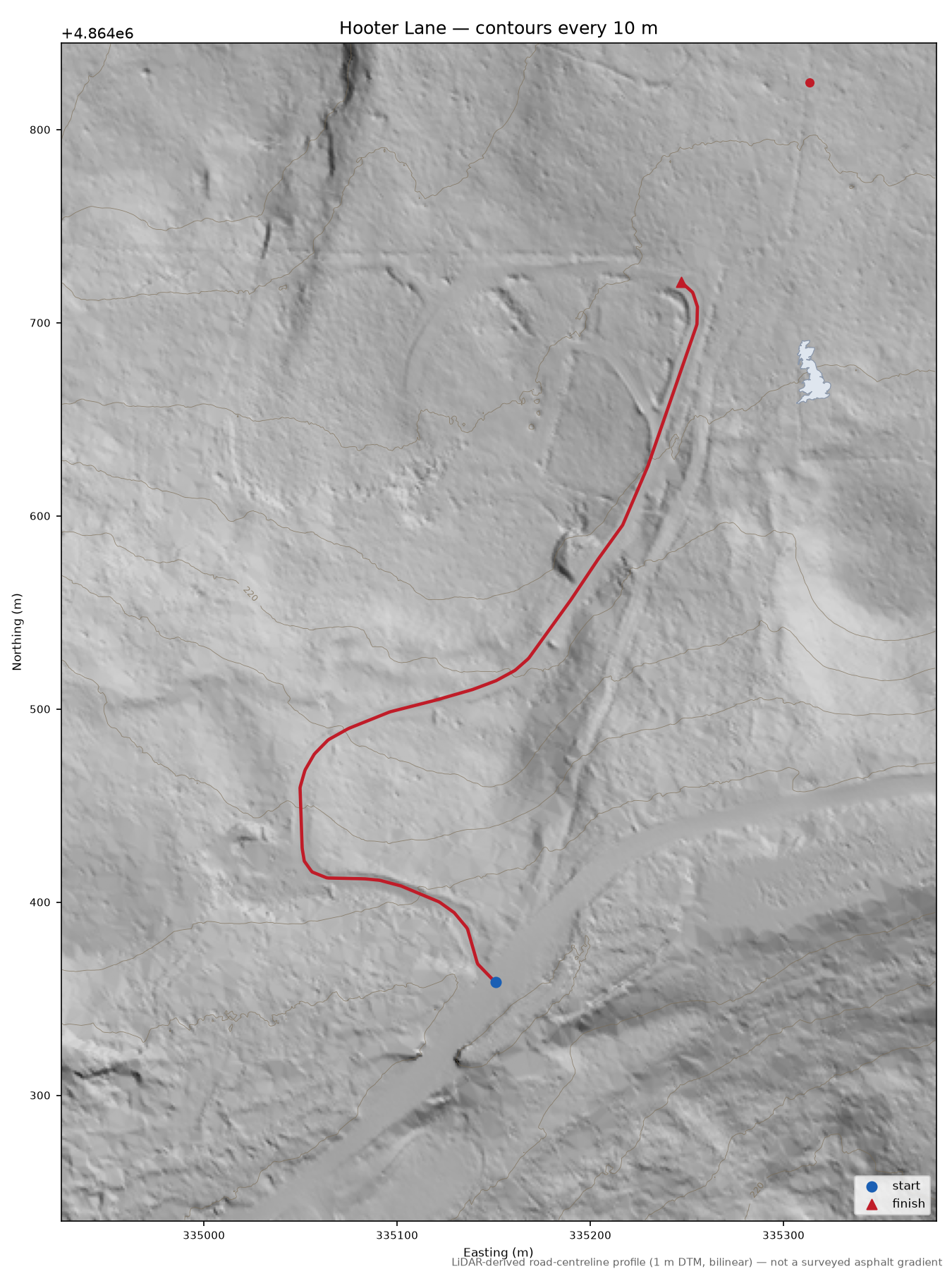 Hooter Lane LiDAR hillshade map with contours