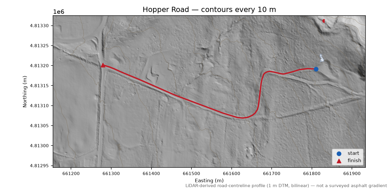 Hopper Road LiDAR hillshade map with contours