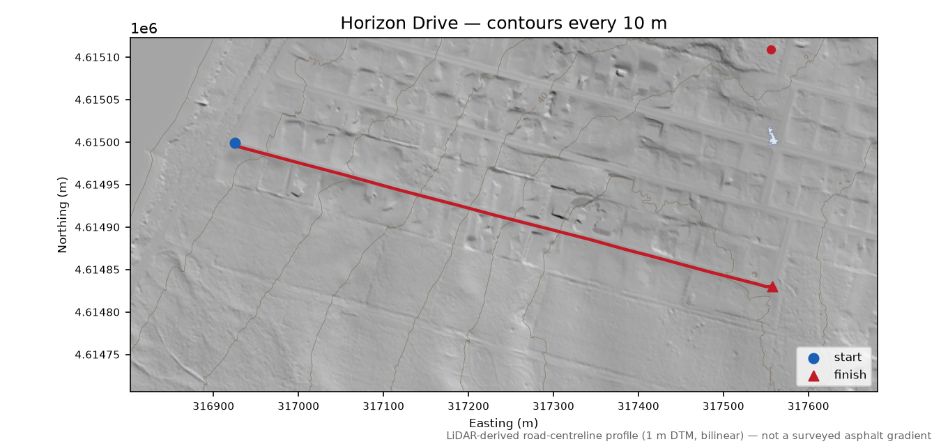 Horizon Drive LiDAR hillshade map with contours