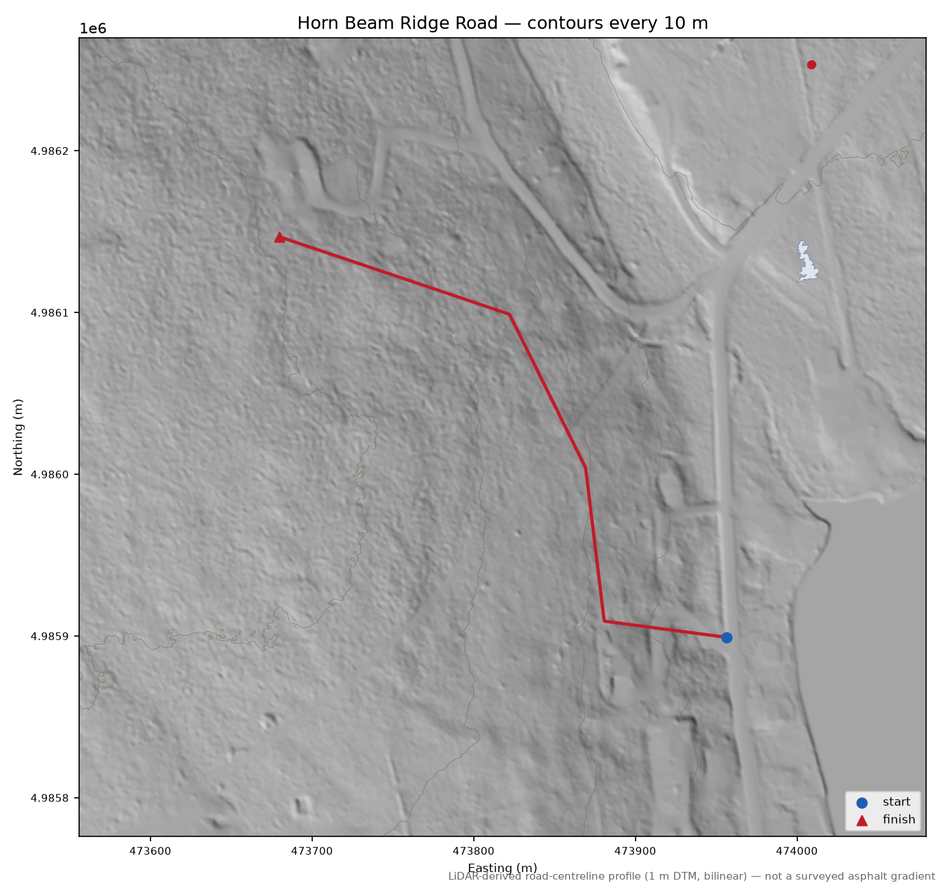 Horn Beam Ridge Road LiDAR hillshade map with contours