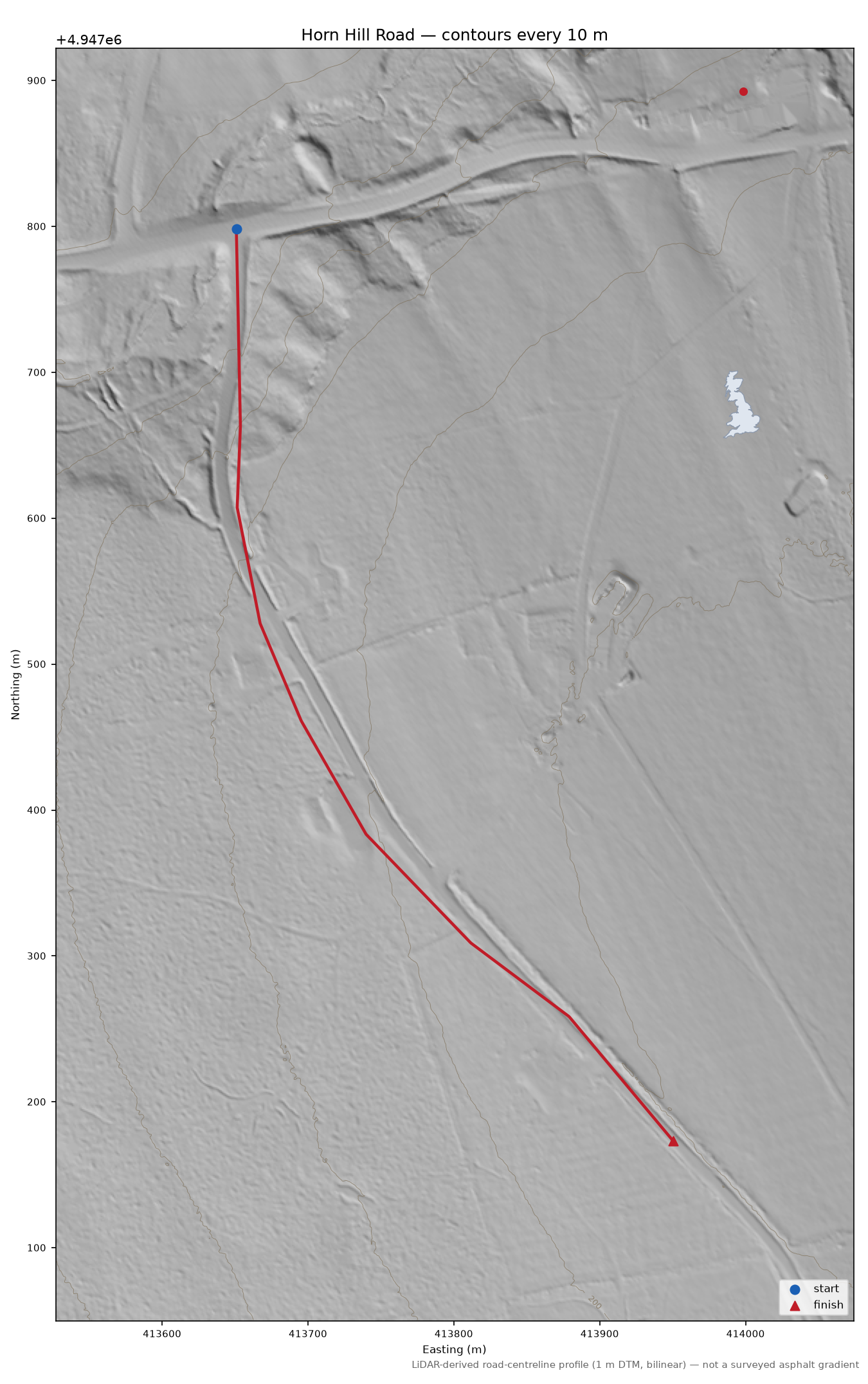 Horn Hill Road LiDAR hillshade map with contours