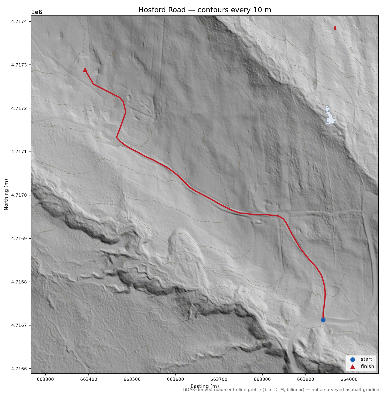 Hosford Road LiDAR hillshade map with contours