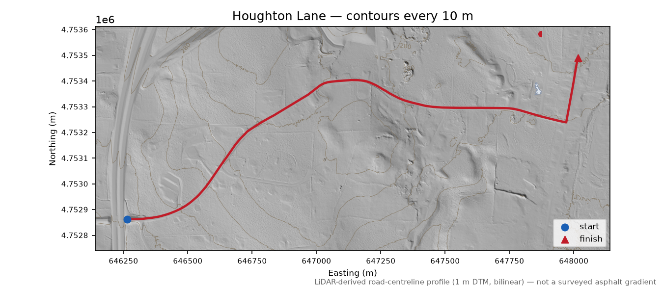 Houghton Lane LiDAR hillshade map with contours