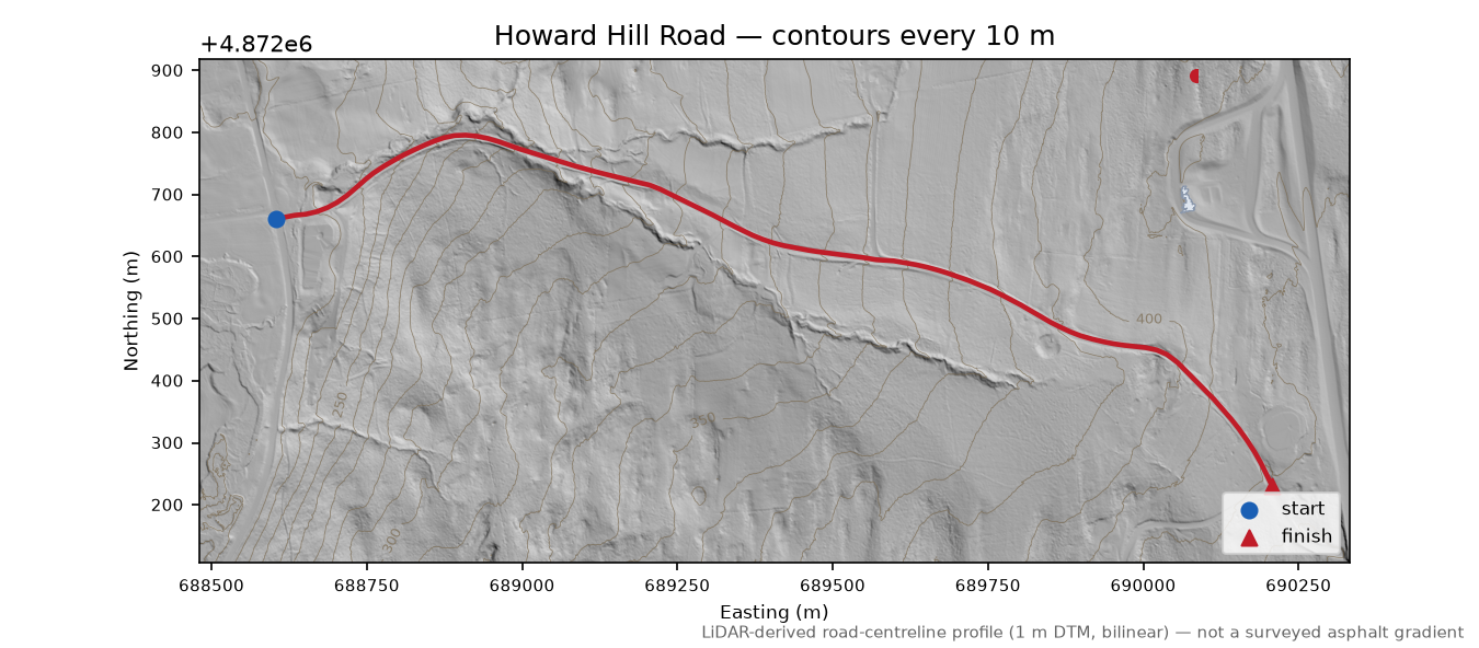 Howard Hill Road LiDAR hillshade map with contours