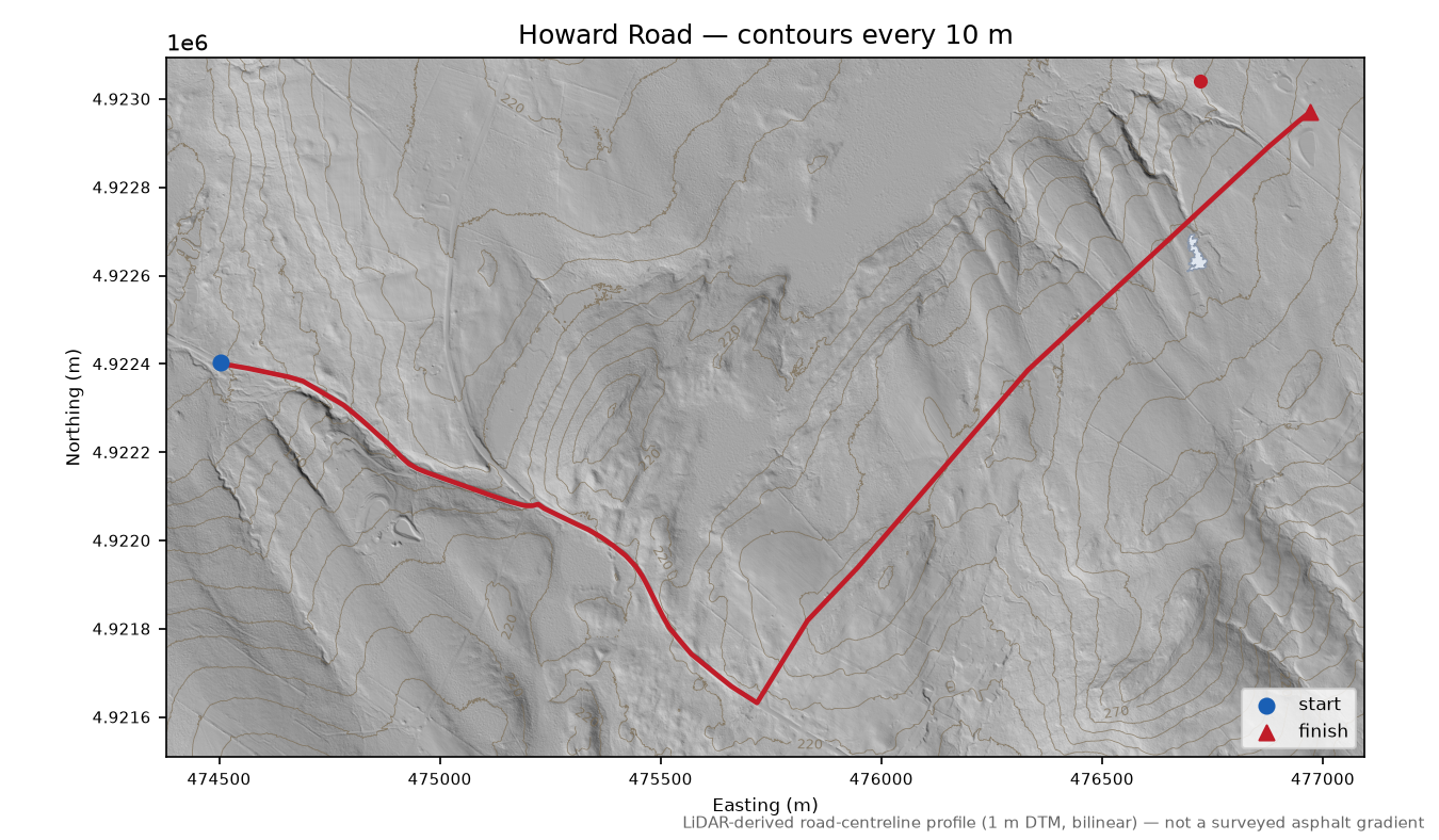 Howard Road LiDAR hillshade map with contours