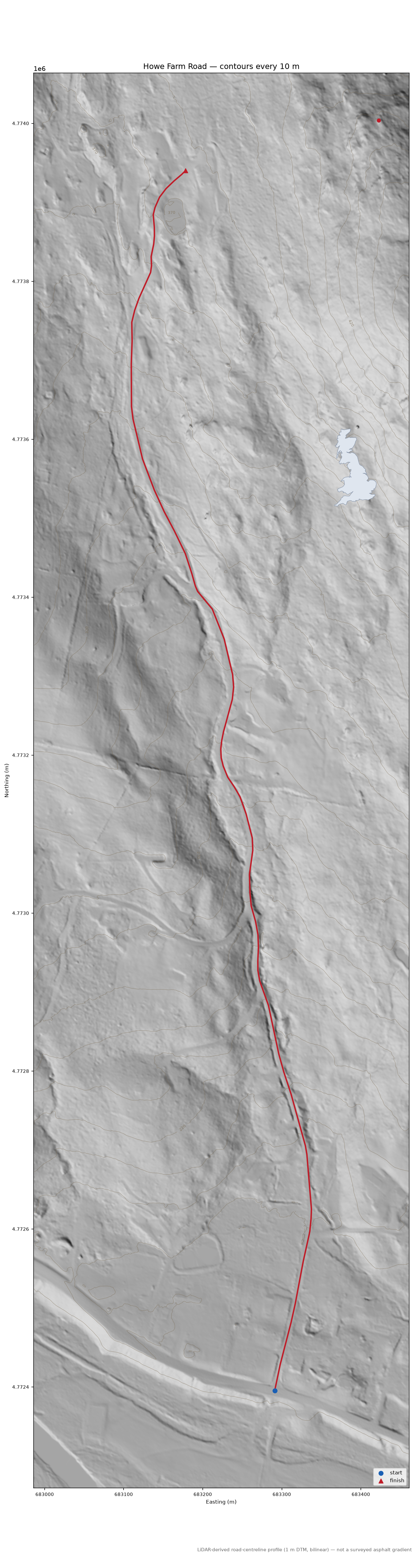 Howe Farm Road LiDAR hillshade map with contours
