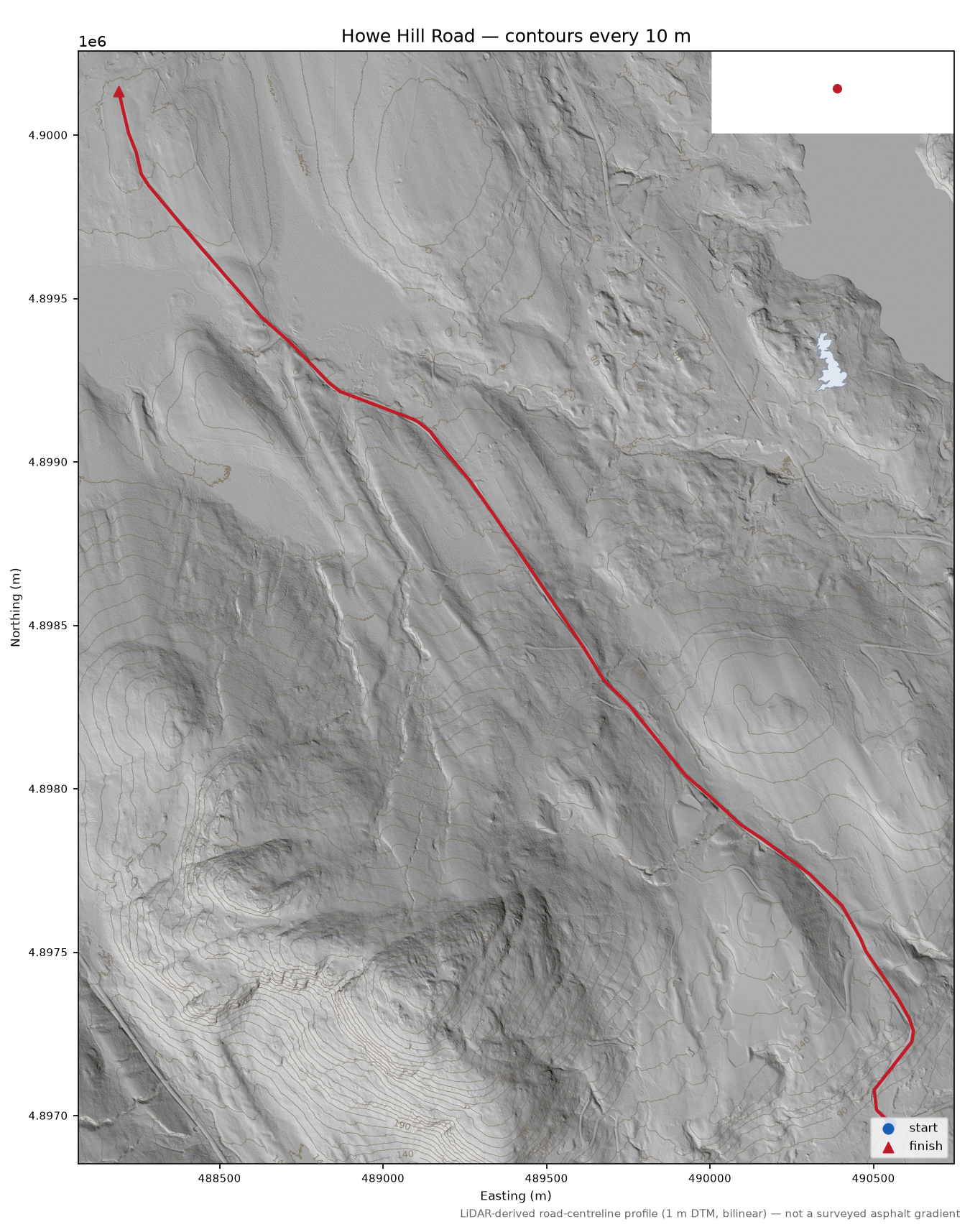 Howe Hill Road LiDAR hillshade map with contours