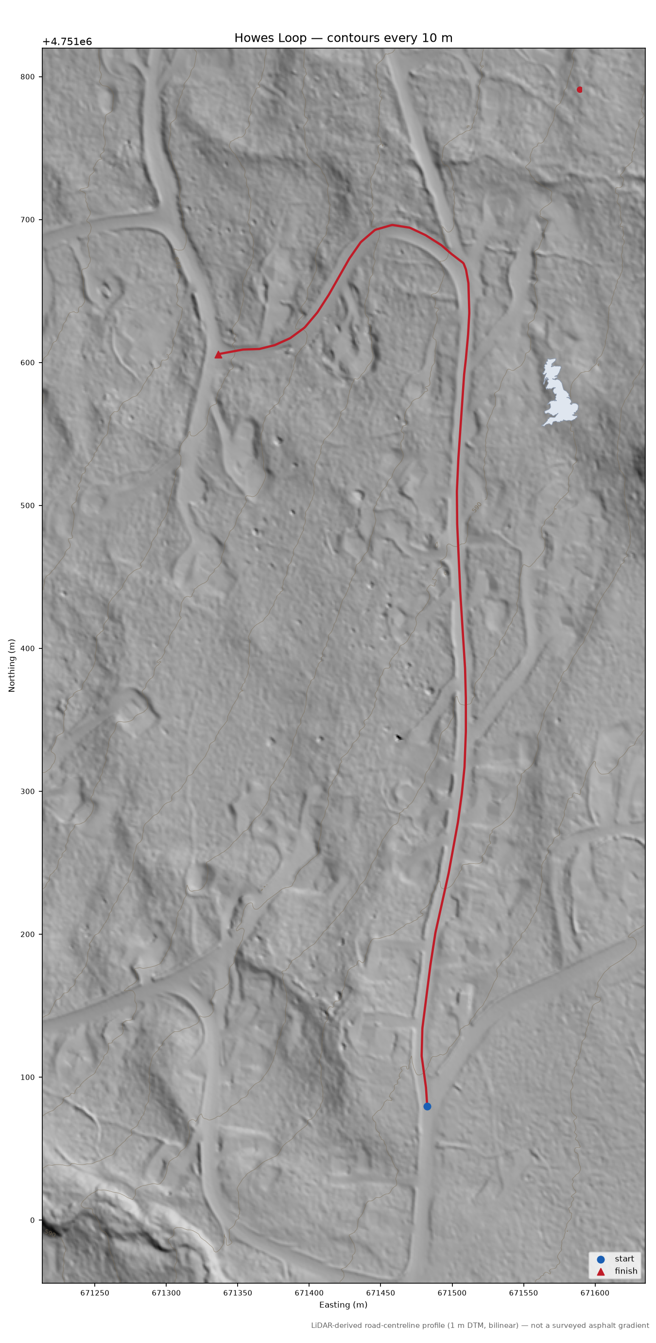 Howes Loop LiDAR hillshade map with contours