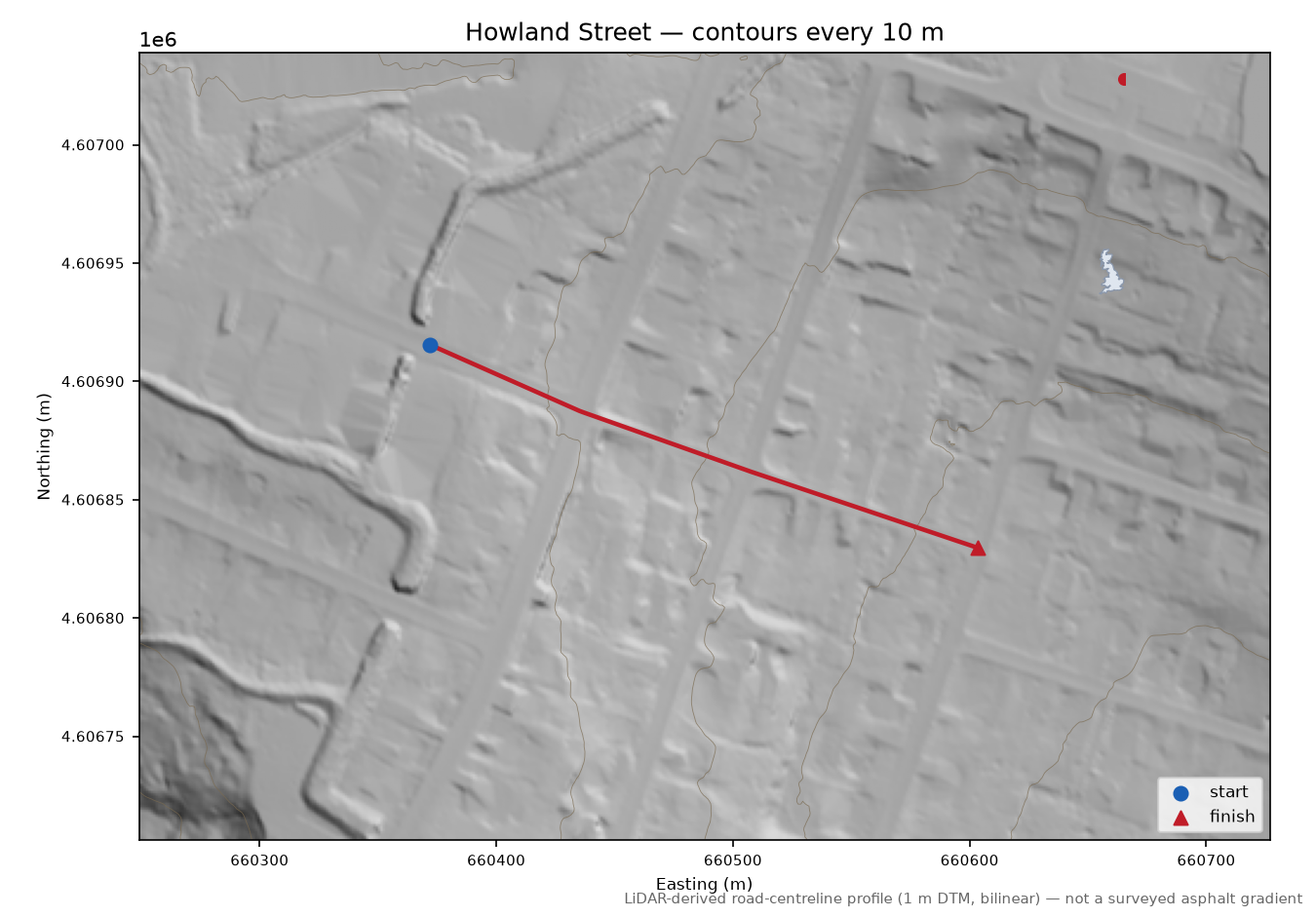 Howland Street LiDAR hillshade map with contours