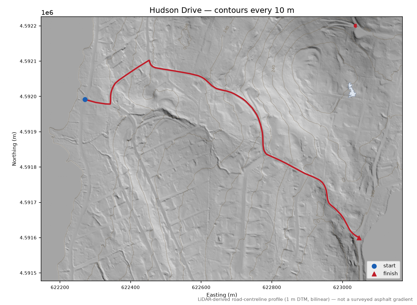 Hudson Drive LiDAR hillshade map with contours